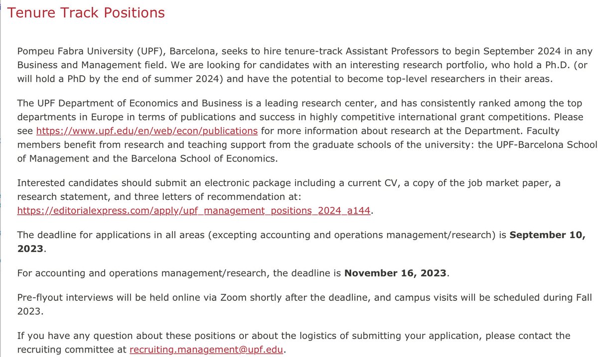 Mircea Epure (@mircea_epure) on Twitter photo 📣Job market announcement:
Pompeu Fabra University (UPF), Barcelona, seeks to hire tenure-track Assistant Professors to begin September 2024 in any Business and Management field.
Details at: upf.edu/web/econ//tenu…
cc: <a href="/UPFBarcelona/">UPF Barcelona</a> <a href="/bse_barcelona/">Barcelona School of Economics</a> <a href="/bsm_upf/">UPF-BSM</a> 📣Job market announcement:
Pompeu Fabra University (UPF), Barcelona, seeks to hire tenure-track Assistant Professors to begin September 2024 in any Business and Management field.
Details at: upf.edu/web/econ//tenu…
cc: <a href="/UPFBarcelona/">UPF Barcelona</a> <a href="/bse_barcelona/">Barcelona School of Economics</a> <a href="/bsm_upf/">UPF-BSM</a>