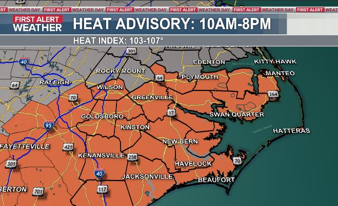 JimWeatherOrNot's tweet photo. We'll be roasting hot dogs in a roasting airmass this afternoon folks. Highs will again reach the mid 90s with the heat index nearing 107° this afternoon. A Heat Advisory will be in effect from 10am-8pm. A few evening storms should dissipate for most areas by fireworks time. https://t.co/jjbAhdLCVL