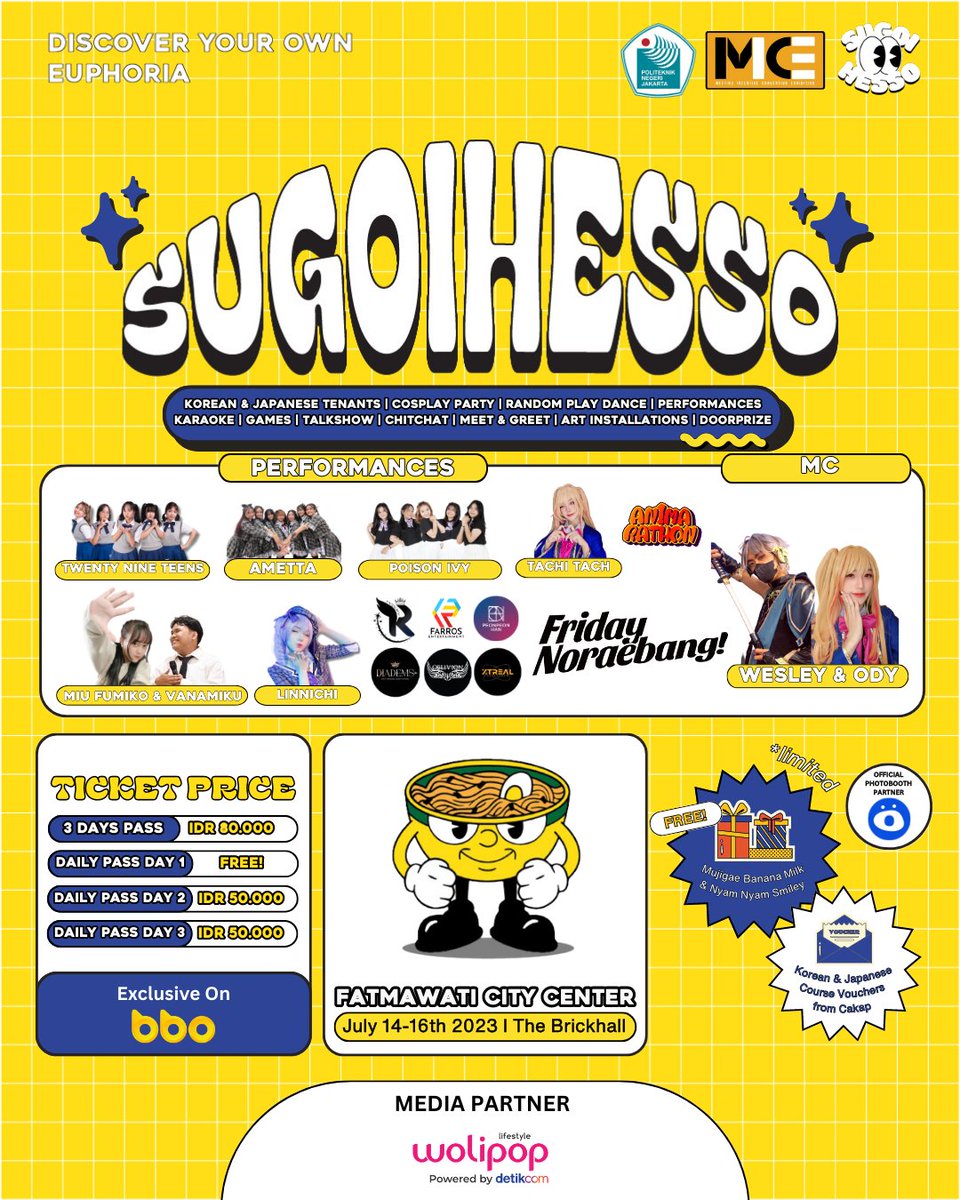 dyouthizen's tweet photo. Hai, Sugoi-chingu!👋🏻  Siapa nih yang nunggu Main Event dari @sugoihesso2023 ? Akhirnya yang ditunggu hadir juga! Catet tanggalnya:  
🗓 14 - 16 Juli 2023 
🕰 10.00 - 20.00 
📍Brickhall Fatmawati, Fatmawati City Centre 
🎟 35K (Day 1) - 60K (Day 2 &amp; 3) - 150K (3 Day Pass) https://t.co/cL67iMBX2V