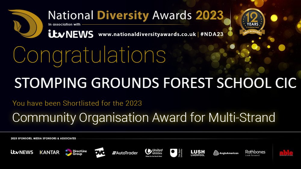 Congratulations to Stomping Grounds Forest School CIC who have been shortlisted for the Community Organisation Award for Multi Strand and the National Diversity Awards 2023 in association with <a href="/itvnews/">ITV News</a> !!! #NDA #NDA23 #Shortlist #Congratulations