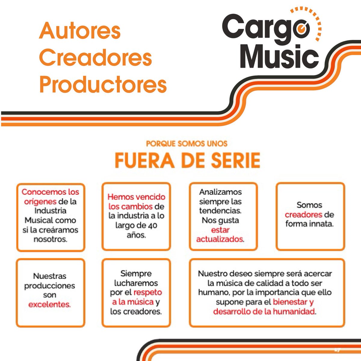 Conocemos los orígenes, vencimos los cambios, actualizándonos, aprovechando nuestra experiencia, creando producciones excelentes con la calidad como meta.
￼
Quién apuesta por Cargo Music, tiene un #equipo volcado en su #proyecto al 100% 
￼
Cargo Music 🎙️
cargo@cargomusic.es 📨