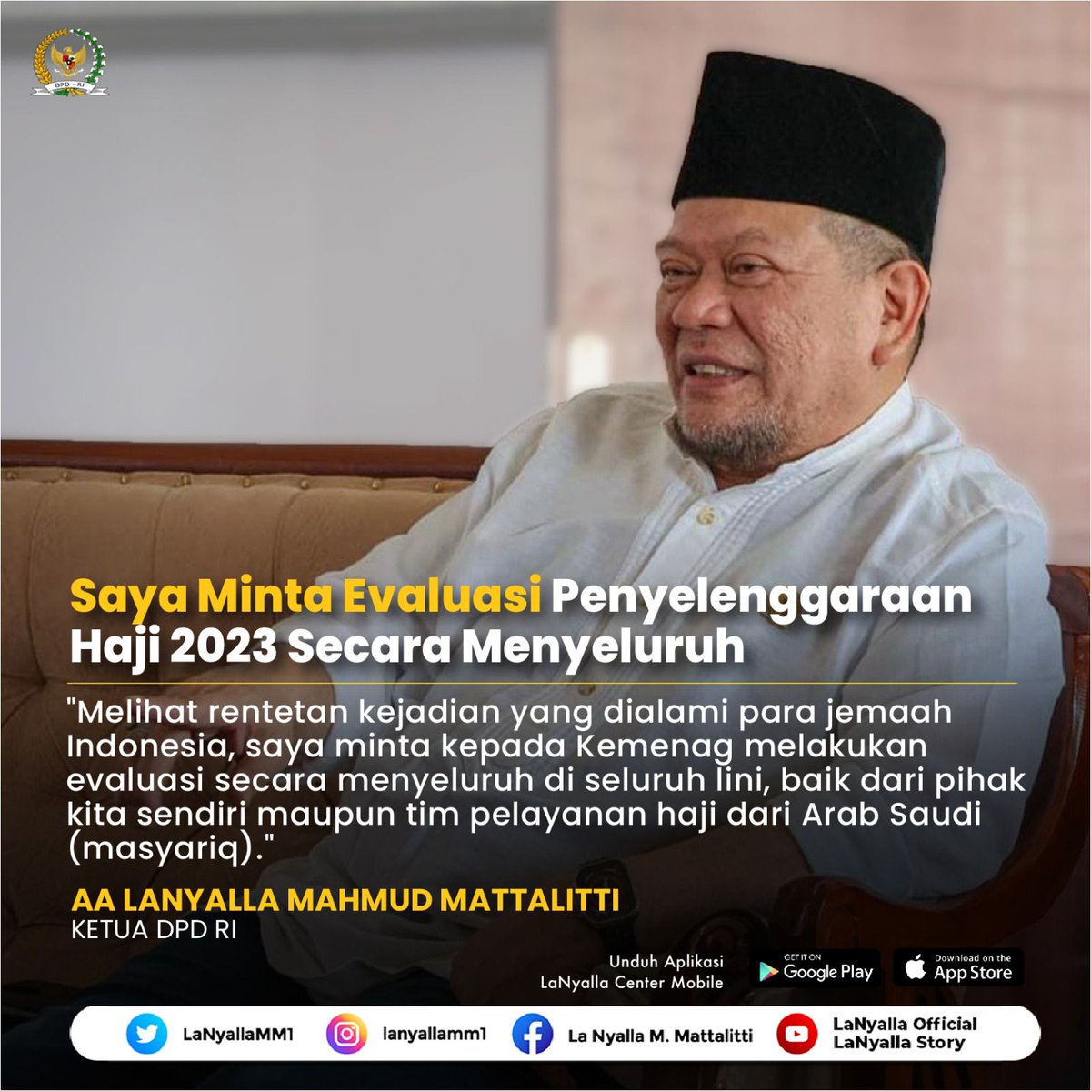 Banyak Permasalahan dan kesulitan yang dialami jemaah Indonesia selama pelaksanaan ibadah haji tahun ini. Saya sangat menyayangkan hal tersebut karena terkesan kurang persiapan dan tidak terkoordinasi dengan baik.

#LaNyalla #dpdri #ketuadpdri #haji2023