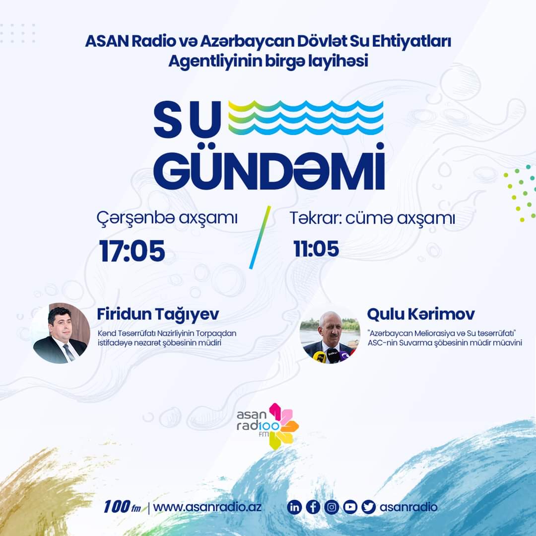 isst_gov_az's tweet photo. "Su Gündəmi" verilişi 
Qonaqlar Kənd Təsərrüfatı Nazirliyinin Torpaqdan istifadəyə nəzarət şöbəsinin müdiri Firidun Tağıyev və  "Azərbaycan Meliorasiya və Su təsərrüfatı" ASC-nin Suvarma şöbəsinin müdir müavini Qulu Kərimov 

Bu gün saat 17:05-də yayımdayıq
Telefon: 012 56 56 100 https://t.co/hG7BKgud9l