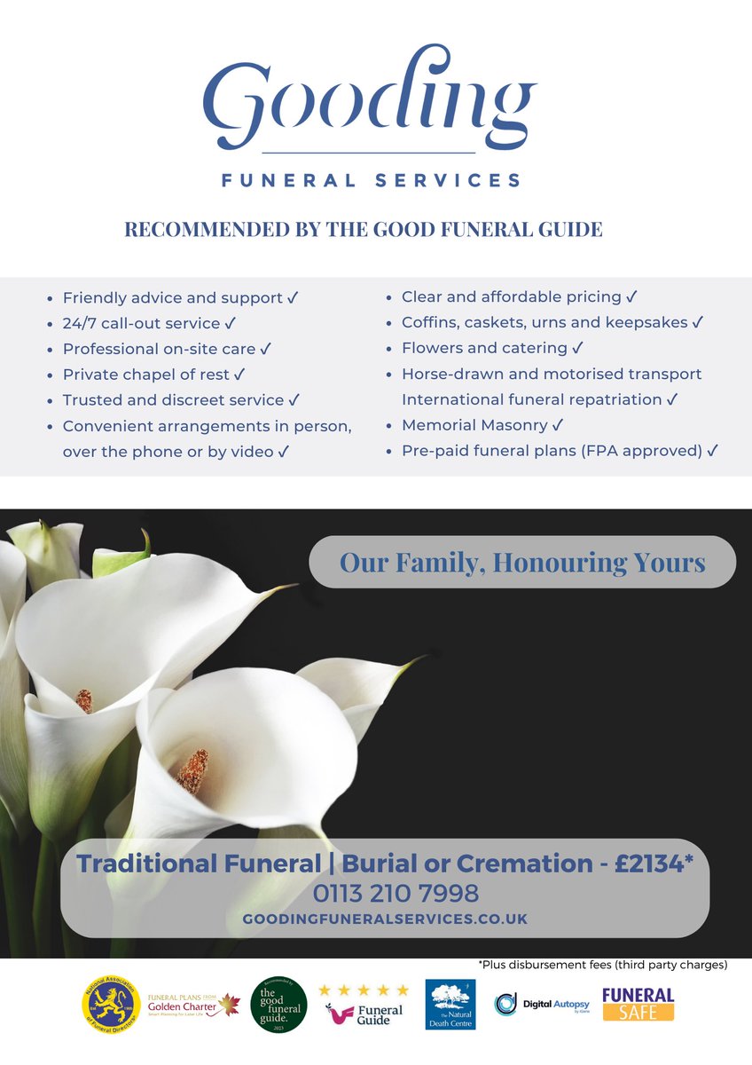 GoodingFunerals's tweet photo. Funeral Package | Traditional Funeral | Burial or Cremation - £2134*   

For more information, call: Gooding Funeral Services | 0113 210 7998  

Our family, honouring yours https://t.co/mn9rS7Mkpy