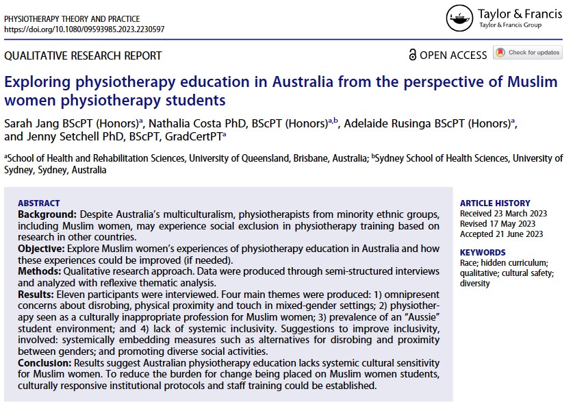 So proud of Sarah 4choosing such an important topic as part of her Honours (it was her idea)! The lack of inclusivity&cultural sensitivity our themes highlight conflicts w/ global policies encouraging people from diverse cultural backgrounds into physio 👇🏿 bit.ly/3r3UnHd