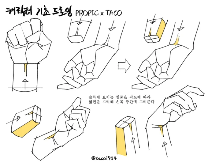 손목에 보이는 힘줄은 각도에 따라 옆면을 고려해 손목 중간에 그려준다 