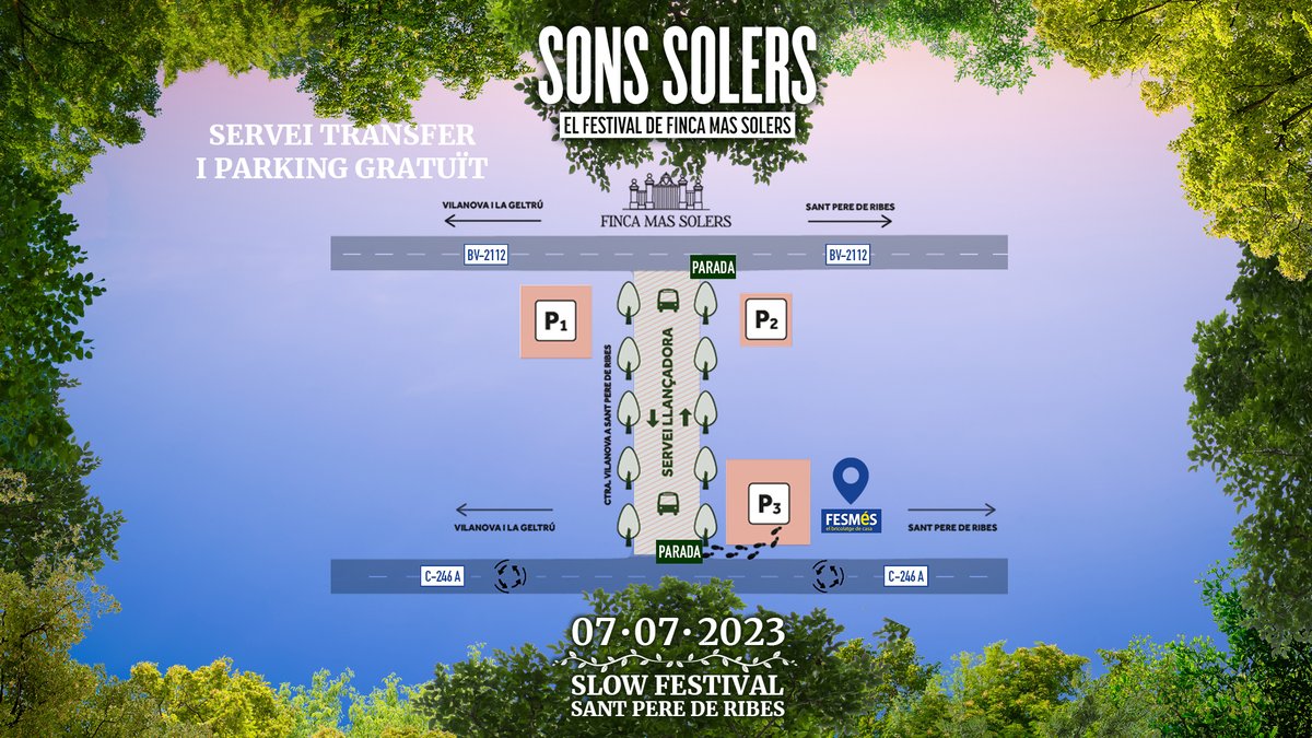 Al Sons Solers volem cuidar-te!🚏
Per això posem a la teva disposició tres aparcaments (gratis) 🅿️ i un servei de transfer gratuït de la Rambla del Garraf a l’entrada principal de la Finca 🚍 🫶
🎟35€ -> bit.ly/SONS2023
