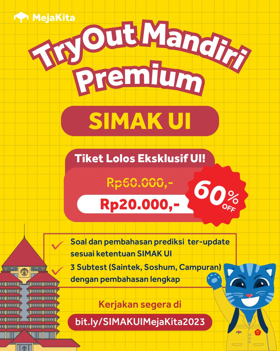 mejakita's tweet image. 📢 Lolos SIMAK UI Seharga Bakso 1 Porsi! 🎓

🙌 TRY OUT KOMPLIT PREMIUM SIMAK UI 2023 🙌

60.000 ❌
20.000 ✅

Dapet apa aja?
✅ Soal, pembahasan, dan subtest terlengkap (Soshum, Saintek, Campuran)

YUK MASUK UI SEHARGA BAKSO 1 PORSI?! -&amp;gt; bit.ly/SIMAKUIMejaKit… 😻

#simakui #ui