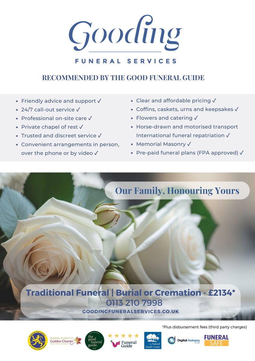 GoodingFunerals's tweet photo. Funeral Package | Traditional Funeral | Burial or Cremation - £2134*   

For more information, call: Gooding Funeral Services | 0113 210 7998  

Our family, honouring yours https://t.co/ggKWHDF4FJ