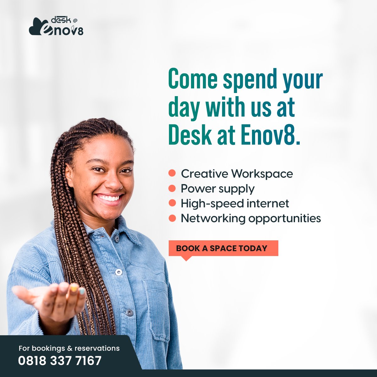 Desk_Enov8's tweet photo. We have put everything in place to enhance your creativity while working.

Our plans come with-

*Access to an equipped meeting room. 
*Access To Lounge Areas 
*Dedicated Desks
*Functional Kitchenette 
*High Speed Internet and more. 

Take advantage of our coworking space today. https://t.co/MqceDo48EJ
