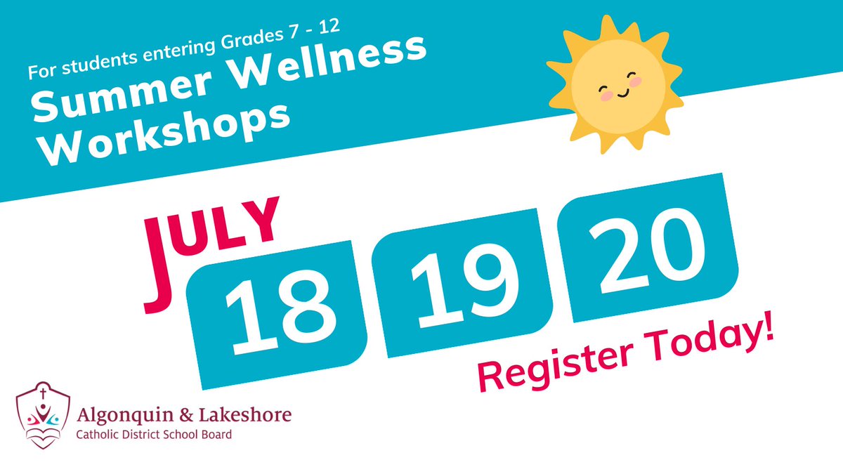 The ALCDSB Social Work Team is offering students entering grades 7-12 the opportunity to attend wellness workshops July 18, 19 and 20. Register today to explore a range of mental health and wellness strategies. Details: bit.ly/42UJ9lJ