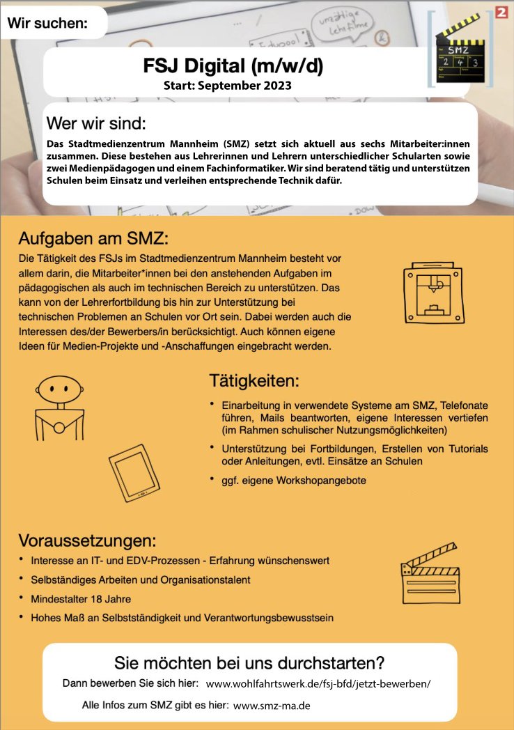 Wir bieten ab diesem September wieder eine #FSJ Digital Stelle bei uns im SMZ Mannheim an.🙌🏼  Sie möchten bei uns durchstarten? 📷💻Dann bewerben Sie sich hier: wohlfahrtswerk.de/fsj-bfd/jetzt-… #fsj #fsjdigital