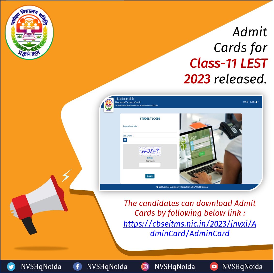 NVS_HQ's tweet photo. 📢📢 Admit Cards for Class-XI LEST 2023 released. The candidates can download their admit cards from NVS website.
✍️ Date of Exam : 22nd Jul 2023
👉 Download Admit Card : https://t.co/kv4QNuUriT
#JNV #LEST2023 #AdmitCards #NVS https://t.co/DAYETtziC2
