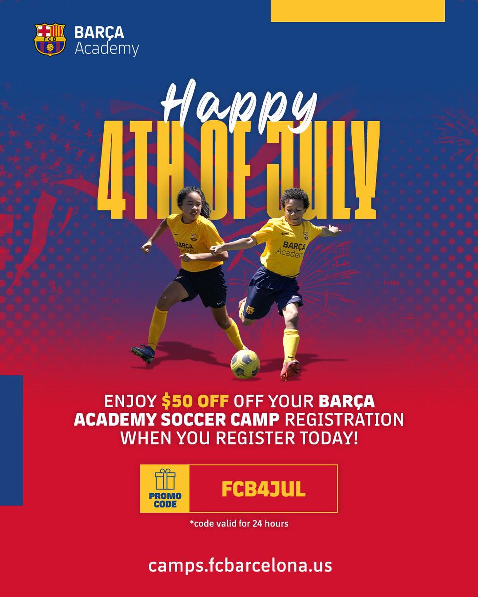 🔵🔴 Happy 4th of July Barça family🇺🇸🗽
We have a very special 🎁 for you: $50 Discount on Barça Camps Registrations - Only Today‼️  

Register on the link in bio with code: FCB4JUL *Code valid for 24 hours

#barcaacademy #barçacamp #soccer #camp #soccercamp #fcb #campsusa