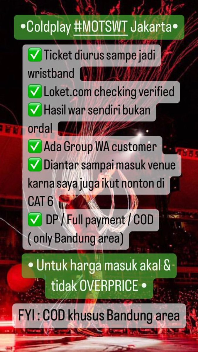 ‼️wts tiket coldplay in jakarta‼️ CAT 6 sisa 2 tix tiket diurus sampai fisik ✅ group wa ✅ bisa cod bandung ✅ wristband d-day ✅ ((no scam karena aku nonton juga))