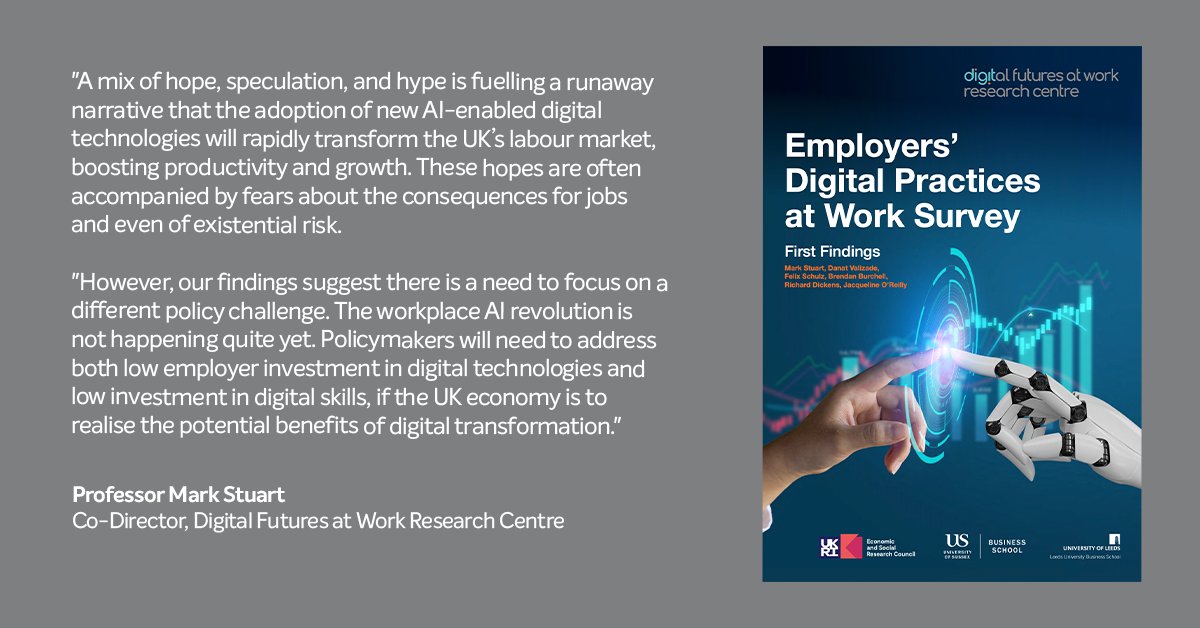 digitcentre's tweet photo. Our new report suggests that the AI revolution at work is not happening quite yet.

🤖Only 36% of employers are using AI &amp; other new digital tech
🧑‍💻Only 10% of non-adopters plan to invest in the next two years

Read the report: https://t.co/KrRL7ybTiX https://t.co/qtsx968bLN