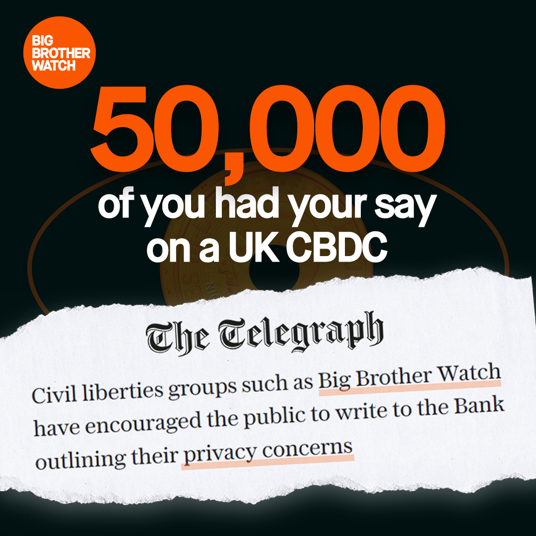 BigBrotherWatch's tweet photo. 💥50,000 of you had your say on a UK #CBDC💥

Huge thanks to all of you who voiced your concerns about a digital pound that could come at a major cost to our privacy, equality & freedom.

Will @RishiSunak & @bankofengland listen to the people?

➡️https://t.co/JaLrGp0gJf