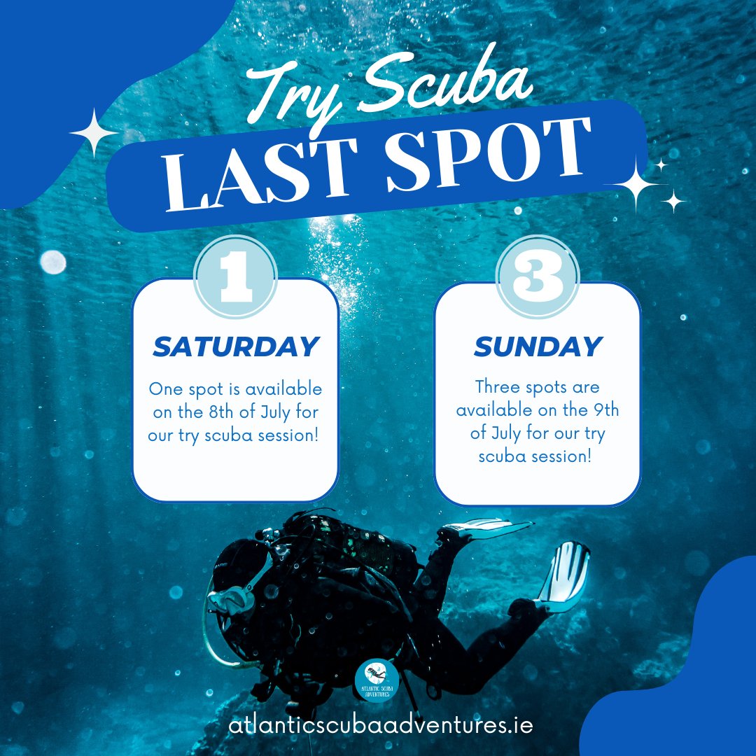 🌊 Last Spots Available for Next Weekend's Try Scuba Session! 🌊

📅 Sat, Aug 8th: 1 spot available
📅 Sun, Aug 9th: 3 spots available

🤿 Don't miss out on this chance to try scuba diving. Reserve your spot now at atlanticscubaadventures.ie

#ScubaDiving #TryScuba