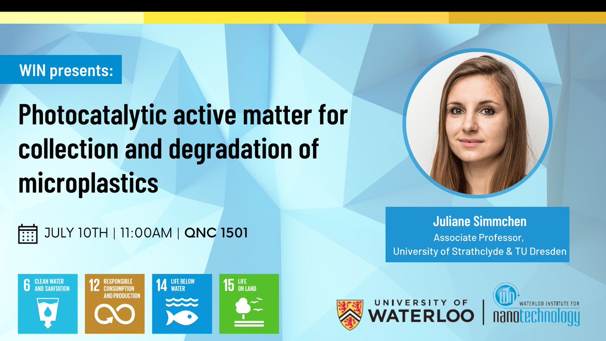 Waterloo Institute for Nanotechnology (@winano) on Twitter photo "Photocatalytic active matter for collection and degradation of microplastics" is next week's WIN Seminar title with guest speaker Juliane Simmchen from the University of Strathclyde and TU Dresden.
Join us in QNC 1501 at 11 AM!
<a href="/StrathChem/">Chemistry - University of Strathclyde</a>
Register now: ow.ly/SN8S50OYres "Photocatalytic active matter for collection and degradation of microplastics" is next week's WIN Seminar title with guest speaker Juliane Simmchen from the University of Strathclyde and TU Dresden.
Join us in QNC 1501 at 11 AM!
<a href="/StrathChem/">Chemistry - University of Strathclyde</a>
Register now: ow.ly/SN8S50OYres