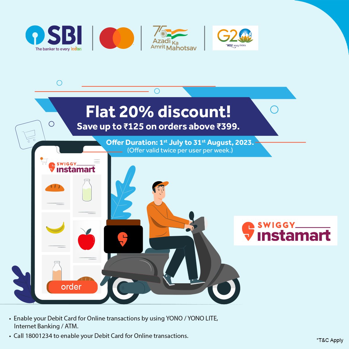 Discover everyday savings on essential products with SBI.
Order now!

For details, visit: bank.sbi/web/personal-b…

#SBI #Offers #DebitCards #DebitCardOffers #SwiggyInstamart #AmritMahotsav