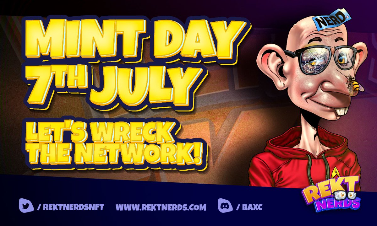 HomeX_NFT's tweet photo. 🏠 Home X &amp; Rekt Nerds 🏠

@RektNerdsNFT is coming, and they are bringing a metaverse with them 🔥

To celebrate their minting on July 7th, we are offering:
🥇 1 Nerd NFT
🥈 1 BAXC NFT
🏅 10 WL

1⃣ Follow us both
2⃣ Like, RT, Tag friends

We are all Home! 
#MultiversX #Giveaway https://t.co/3wv35keBaQ