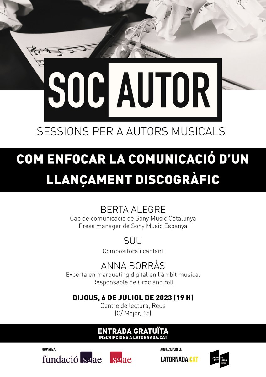 Dijous tenim una nova sessió de Soc Autor per parlar sobre com enfocar la comunicació d'un llaçament discogràfic organitzada amb <a href="/sgae_cat/">SGAE Catalunya</a> i @casesdelamusica!

📌 Serà a Reus amb <a href="/b_tuk_i/">Berta Alegre</a>, <a href="/suu_musica/">Suu</a> i <a href="/UlitaTnt/">Groc and Roll</a> i les inscripcions són gratuïtes!

➕ latornada.cat/ca/com-enfocar…