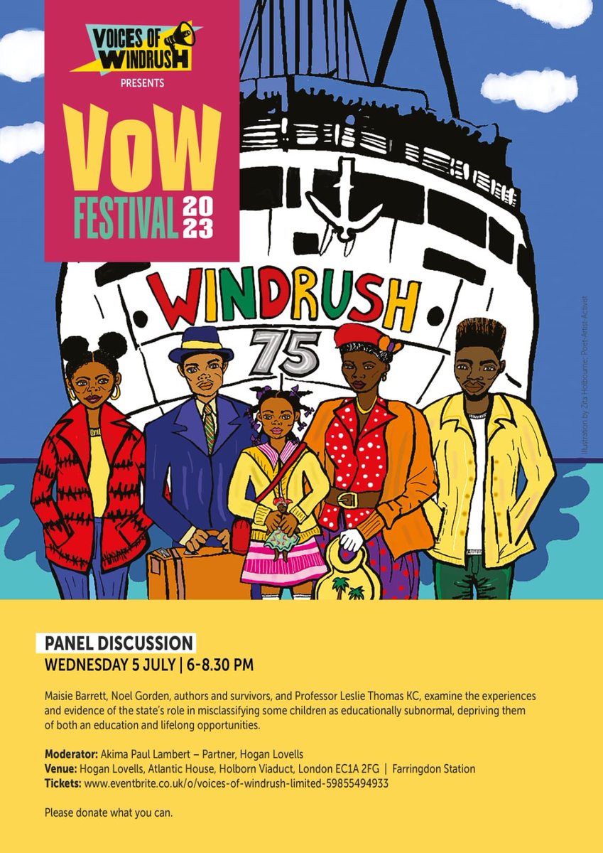 Barrister Professor Leslie Thomas KC, Maisie Barrett and Noel Gordon (who experienced being misclassified as educationally subnormal) will be on a panel chaired by Akima Paul Lambert, Partner at Hogan Lovells, tomorrow Wed 5th July 6.00pm.  #VoWFest2033 

voicesofwindrush.com