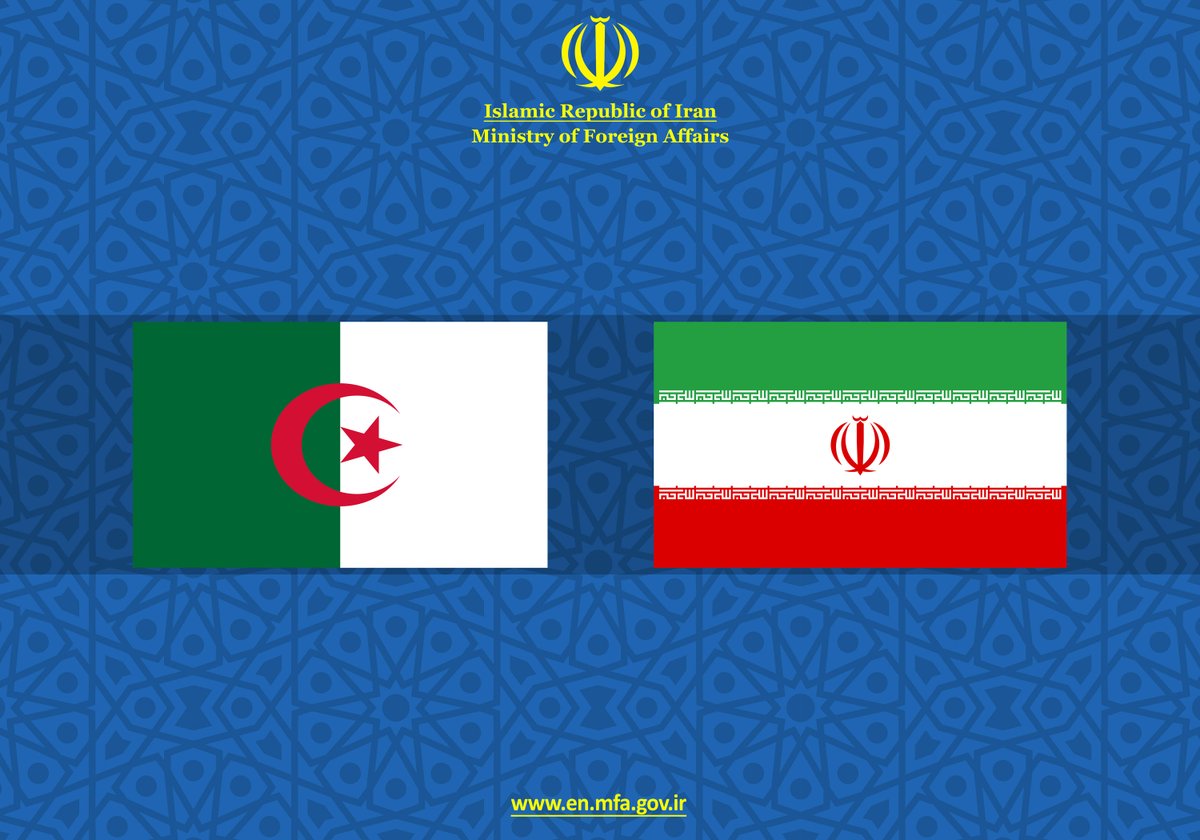 IRIMFA_AR's tweet photo. تتقدم وزارة خارجية الجمهورية الإسلامية الإيرانية بخالص التهنئة وأطيب التمنيات إلى شعب وحكومة الجمهورية الجزائرية الديمقراطية الشعبية بعيد استقلال بلادهم، وتتمنی تطوير وتعمیق العلاقات فی مختلف المجالات السياسية والاقتصادية والثقافية بين البلدين.. "نحن جند في سبيل الحق ثرنا". 🇮🇷🇩🇿 https://t.co/l0k0UljF77
