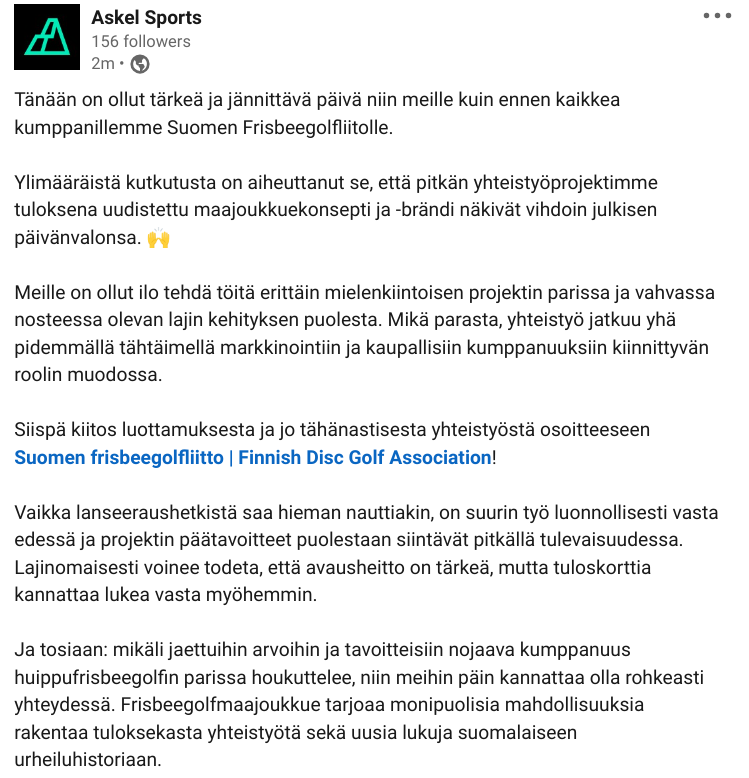 AskelSports's tweet photo. Tänään pääsimme yhdessä kumppanimme Suomen Frisbeegolfliiton kanssa julkistamaan pitkän projektin tuloksena uudistetun maajoukkuekonseptin ja -brändin. 🙌

Kuvan muodossa twiittiä pidempi raportti tunnelmista, linkistä ihailemaan maajoukkueen sivustoa:

https://t.co/kaFQy7delb https://t.co/vQ0vQNbSDC