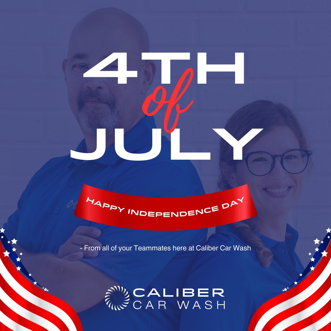 CaliberCarWash's tweet photo. Our team at Caliber Car Wash would like to wish you a Happy Independence Day! Our locations are open today from 8 am to 6 pm. Drive by and see us! We're happy to give you a clean that'll shine brighter than tonight's fireworks.

Stay safe, and Happy 4th of July! #CaliberClean https://t.co/q4WAYicGbG