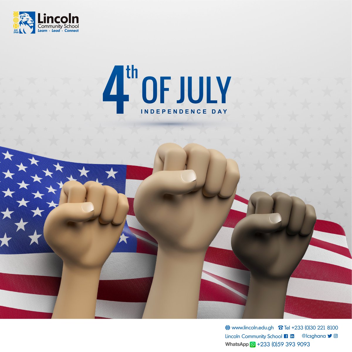 LCSGhana's tweet photo. Wishing everyone a Happy 4th of July Independence Day from LCS. Let's honor the spirit of freedom &amp; unity that binds us together. Happy Independence Day.
#lscghana #americanschool #internationalschool #Happy4thofJuly #IndependenceDay #LCSCommunity  #usembassyghana🇺🇸🇬🇭 https://t.co/Y1HcIapZtQ