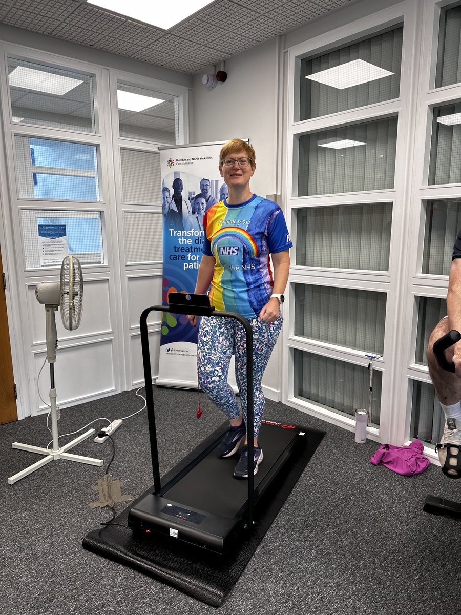 HNYCancer's tweet photo. @NHSNEY The day started strong, with our Managing Director, Lucy Turner, leading the way on the treadmill! #NHS75 🏃‍♀️

Regular exercise, such as a walking or running, can help with losing weight or keep you at a healthy weight, which can lower the risks of many types of cancer. https://t.co/GWS9ma6QQ7