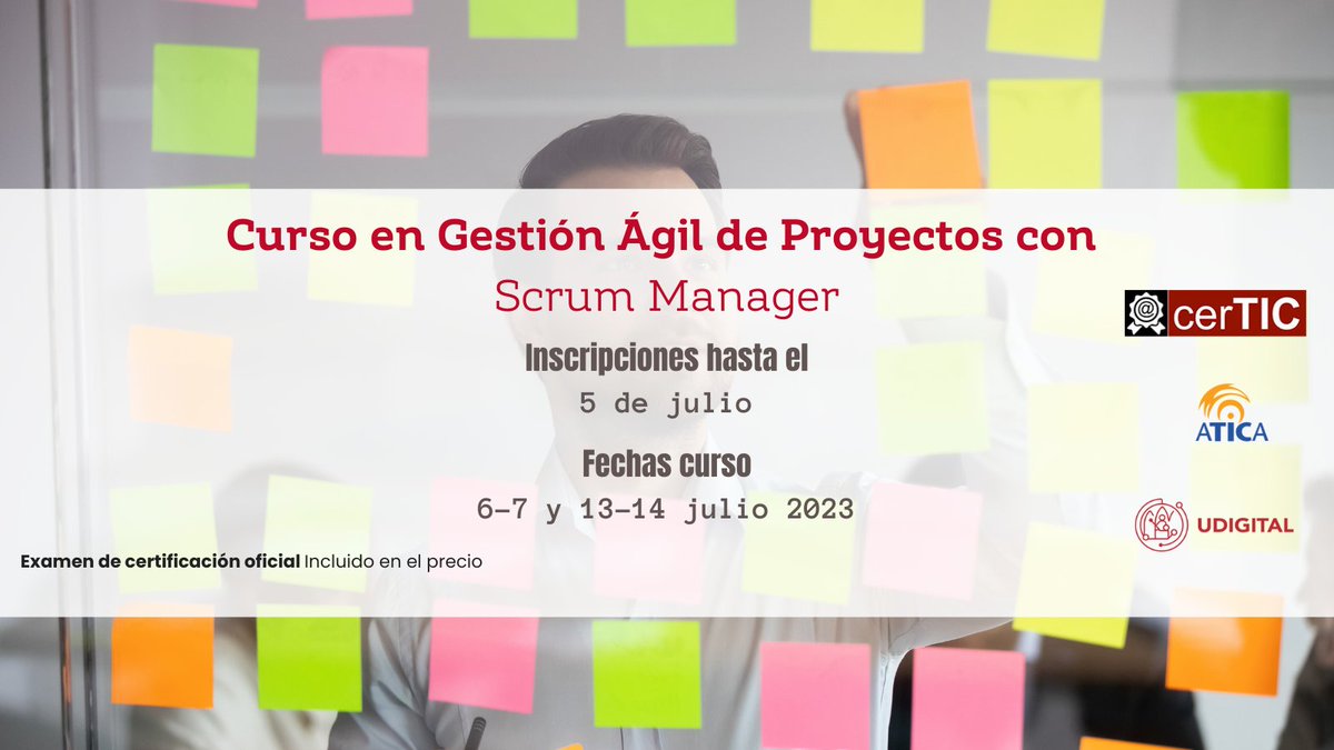 cerTIC_UM's tweet photo. ⚠️¡ATENCIÓN!⚠️
📣¡TIENES HASTA EL 5 DE JULIO PARA INSCRIBIRTE!
https://t.co/TXJAM3DTRC…
📲Más info: https://t.co/zFbbon2tZa…
Curso en #GestiónÁgildeProyectos #ScrumManager
✅Certificación Oficial #ScrumMáster INCLUÍDA EN EL PRECIO
#Certic #Curso #Scrum #Formacion https://t.co/VUttzNT4Yt