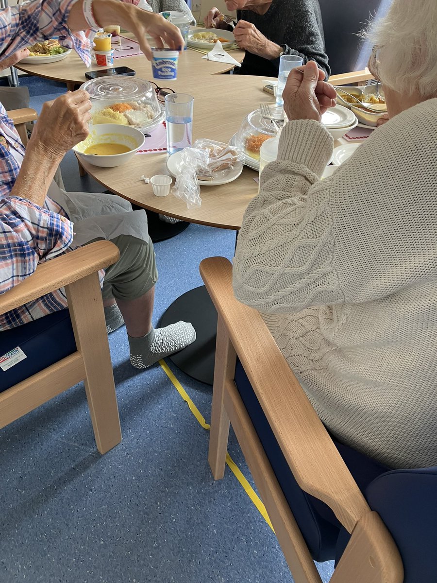 Ward22Therapy's tweet photo. “Ladies that do lunch” meets “Men that munch”. We had a husband and wife on the ward and it was lovely to get them in the activity room to have lunch together. Our patients look forward to this every week.  And it’s another opportunity to mobilise our patients.#stopdeconditioning https://t.co/CbPz2dD7Ot