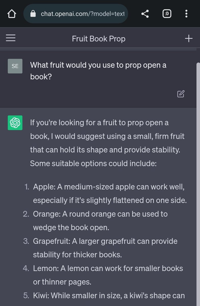 bittingthembits's tweet photo. Chattensor quailty you ask check this out.
I like to ask: What fruit would you use to prop open a book?
The answer is obvious to a human: Why use a fruit 🤔
Check out the https://t.co/OyBfWXYKPq answer below.
#smartchatbot #free #AI #Bittensor #TAO https://t.co/HAJSiBndyb