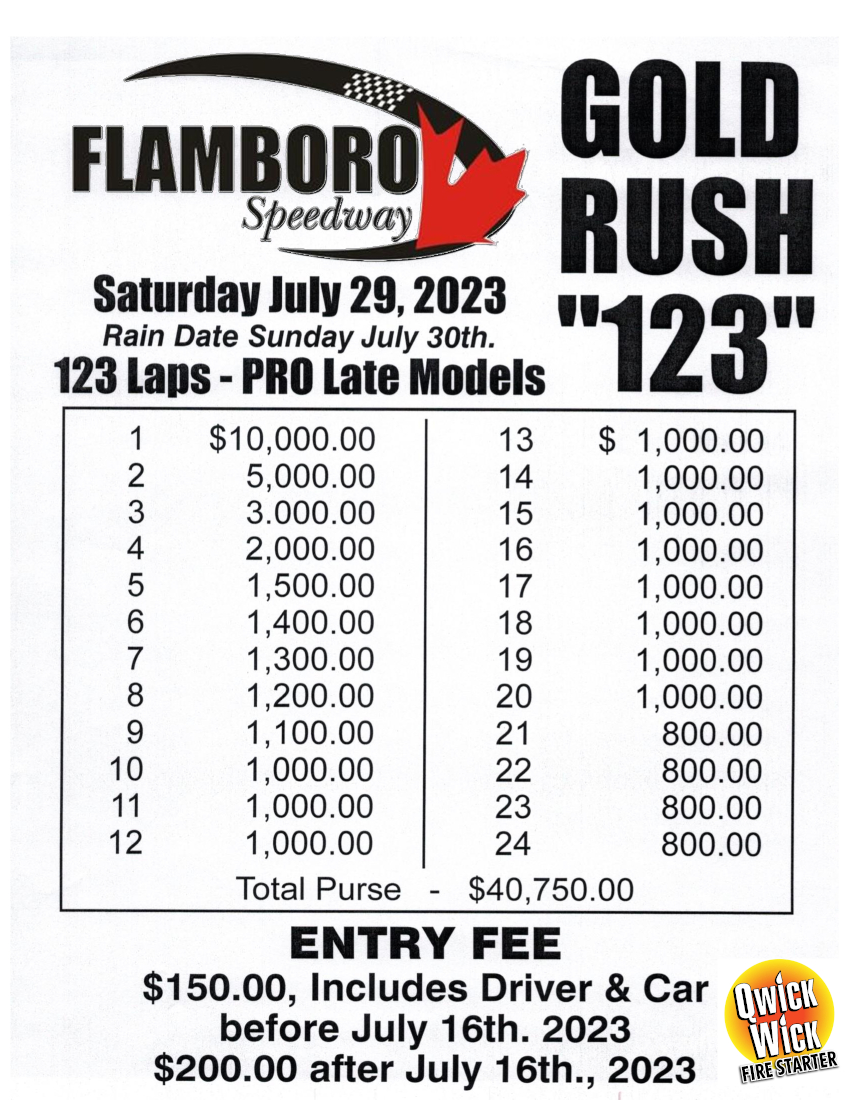 We are gearing up for one of the biggest paying Pro Late Model Races in Southern Ontario! 

Drivers are encouraged to get there registrations in before July 16th!

This is shaping up to be a huge event, and one you won't want to miss!