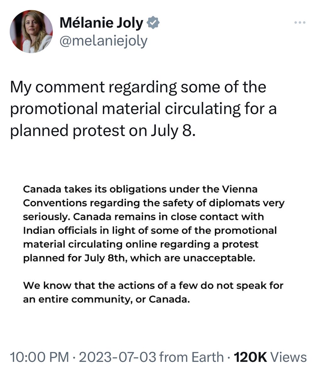 cherylbenson's tweet photo. Our Canadian Ministers have made statements regarding the Indian July 8 protests. While peaceful protesting is a Canadian Charter right, targeting #Diplomats with threats is not. I would not call all the people supporting the Khalistan separatist’s movement extremists for wanting their own state. I think it would be good for #Sikhs to have their own state and separate from India’s horrific caste culture and most of their backwards ideologies #July8 #India #cdnpoli