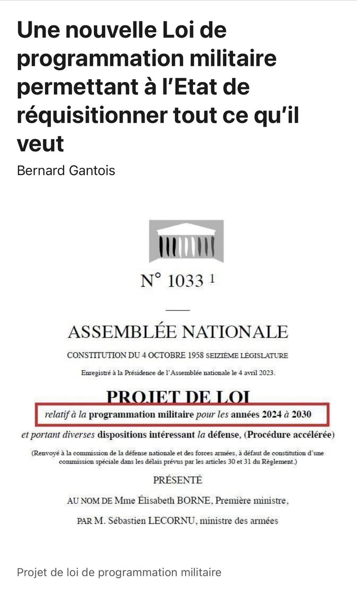 Inconforme75's tweet photo. ¡Proyecto de ley de programación militar que permitirá al gobierno 🇨🇵 entre 2024 y 2030 requisar HOMBRES y BIENES!
¡Un proyecto de ley analizado discretamente en la asamblea, durante los disturbios! 
La agenda sigue en marcha... Todo está bajo control. https://t.co/aH5NfhiIYd