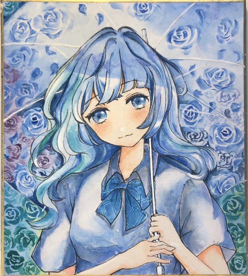1girl solo blue eyes umbrella blue hair traditional media flower  illustration images