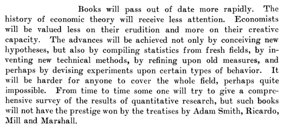 RenaudFoucart's tweet photo. Pretty impressed by Mitchell (1925) predictions about the future of economic research. Almost one hundred years ago! https://t.co/ZmKkliZd1Q