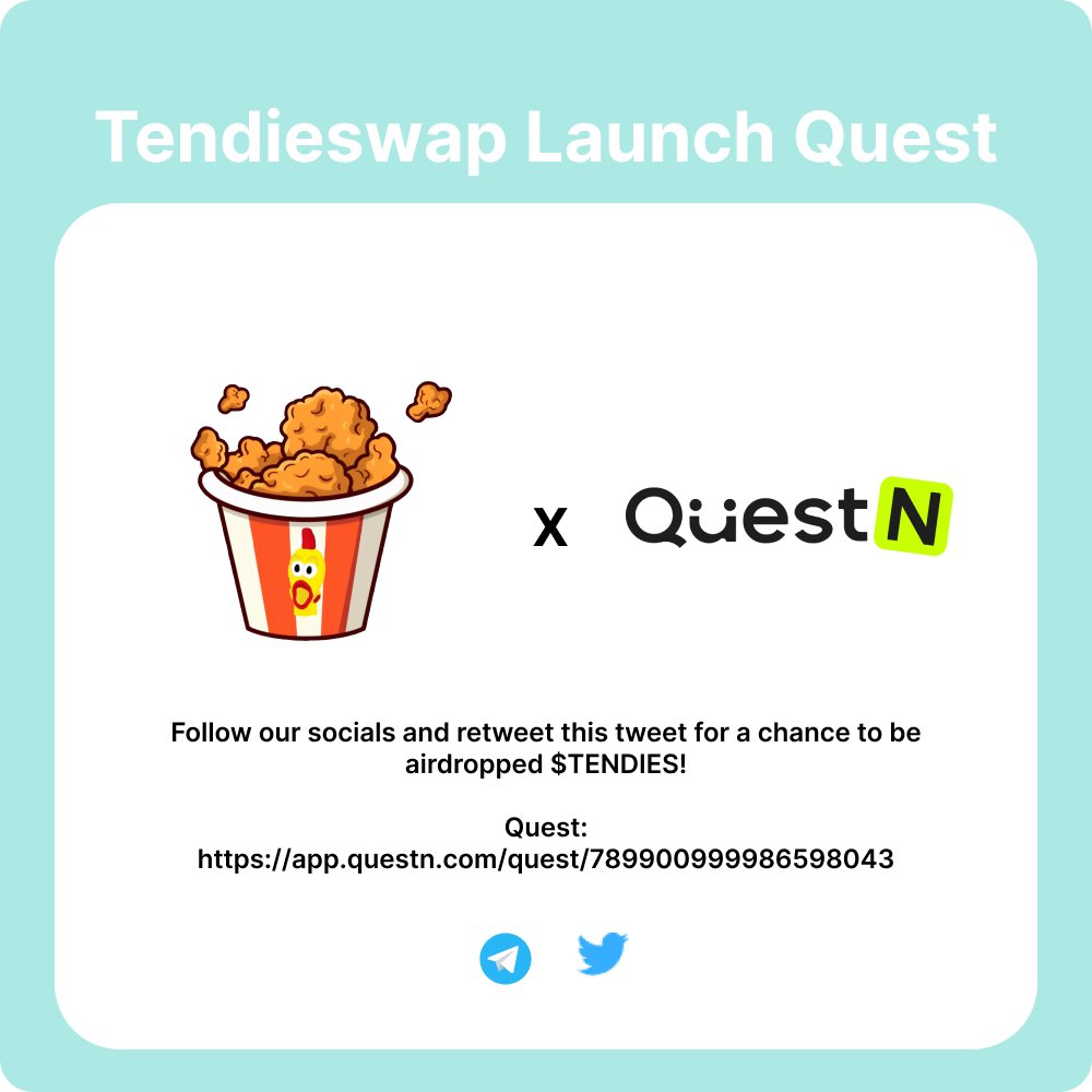 Tendieswap's tweet image. $TENDIES LAUNCH AIRDROP 💸 

As part of our launch we are running a Quest!  

Click here to participate for a chance to be airdropped 200 $TENDIES! (≈$40)
app.questn.com/quest/78990099…

It only takes 2 minutes!

Reward Winners: 50
Deadline: 06/07/2023 12:00 UTC+0