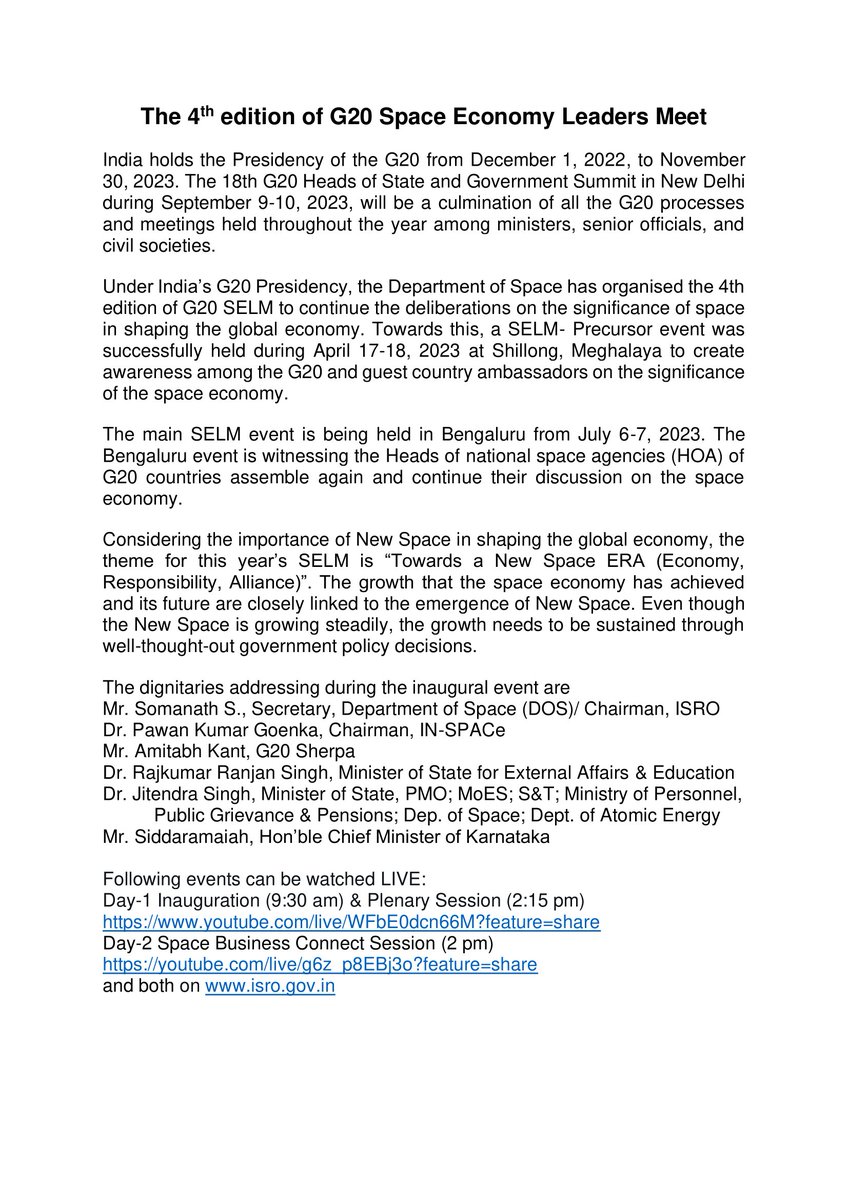 ನಮಸ್ಕಾರ ಬೆಂಗಳೂರು, ಕರ್ನಾಟಕ.

The 4th edition of
G20 Space Economy Leaders Meeting (SELM) is organised by the Department of Space under 
🇮🇳India's G20 Presidency.
📅 July 6-7, 2023
🚩 Bengaluru
isro.gov.in/g20selm/index.…

LIVE-streaming:
Day-1: Inauguration 9:30 am &amp; 
Plenary Session