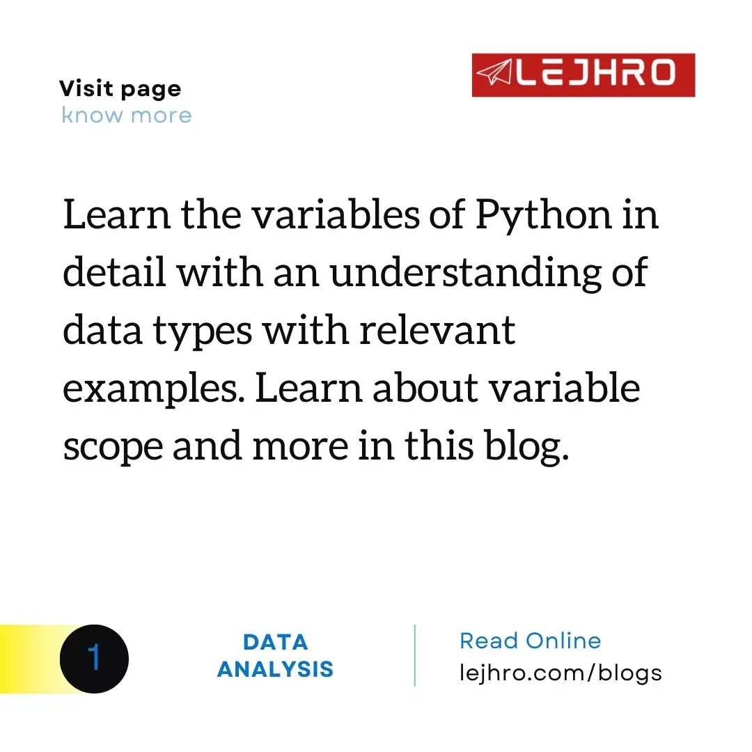 Explore the different variable types in Python with some relevant examples. Read the blog to gain more insights. lejhro.com/blogs/python-v… #dataanalytics #python #pythonvariables #pythonlearning #blogpost #explorepage #readmore #lejhro #lejhrobootcamp