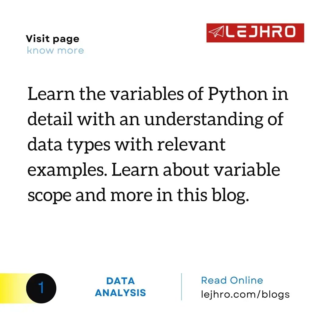lejhro's tweet image. Explore the different variable types in Python with some relevant examples. Read the blog to gain more insights.
lejhro.com/blogs/python-v…
#dataanalytics #python #pythonvariables #pythonlearning #blogpost #explorepage #readmore #lejhro #lejhrobootcamp