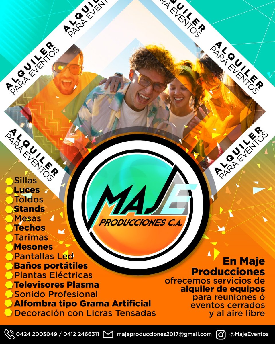 majeeventos1's tweet photo. En Maje Producciones estamos activos con el alquiler de equipos para tu reunión o eventos al aire libre y para cualquier ocasión en estas #vacaciones2023
Contáctanos a los números telefónicos 04242003049/0412246631 , o al correo electrónico majeproducciones2017@gmail.com
#4Julio https://t.co/8wFxWTcL99