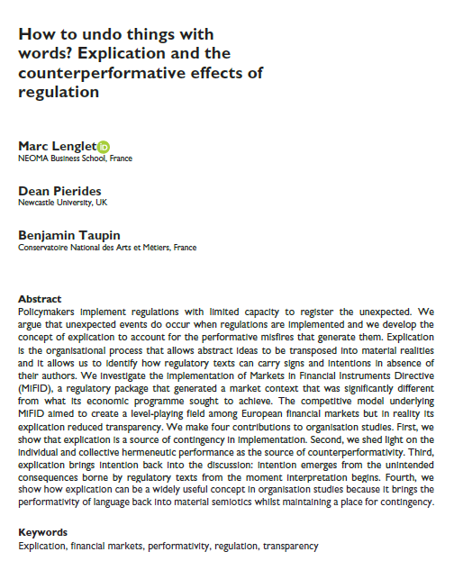 'How to undo things with words? Explication and the counterperformative effects of regulation' @MarcLenglet @deanp @BTaupin doi.org/10.1177/135050…