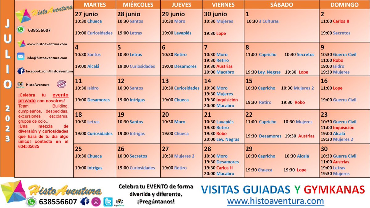 Agenda actividades de  #Julio en #Madrid 👣👀
¡No te quedes sin planes este mes! 

Reservas a través de:⠀⠀⠀⠀⠀⠀⠀
☎️ 638556607 / grupos privados 634535025
🔗 histoaventura.com 
✉️ Info@histoaventura.com

¡PLAZAS LIMITADAS! ¡OS ESPERAMOS