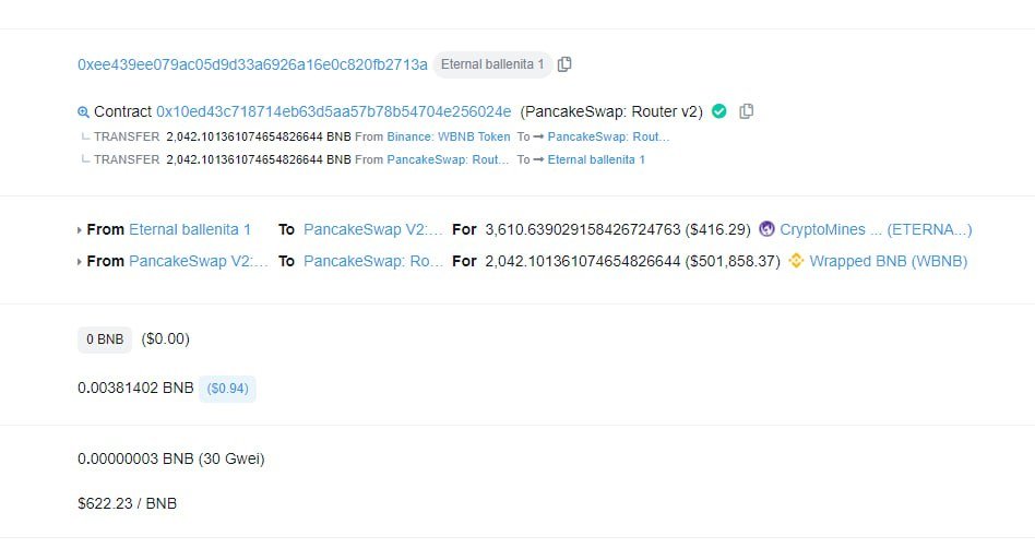 DragonCrip's tweet photo. 0xee439ee079ac05d9d33a6926a16e0c820fb2713a
La principal Ballena de #Criptomines que hace casi 2 años vendía $Eternal por un total de $1.270.124 dólares en BNB
En ese mismo momento BNB costaba $622
uno de los ganadores de la burbuja de los play to earn NFT 2021 https://t.co/Bo53Zpqt9D
