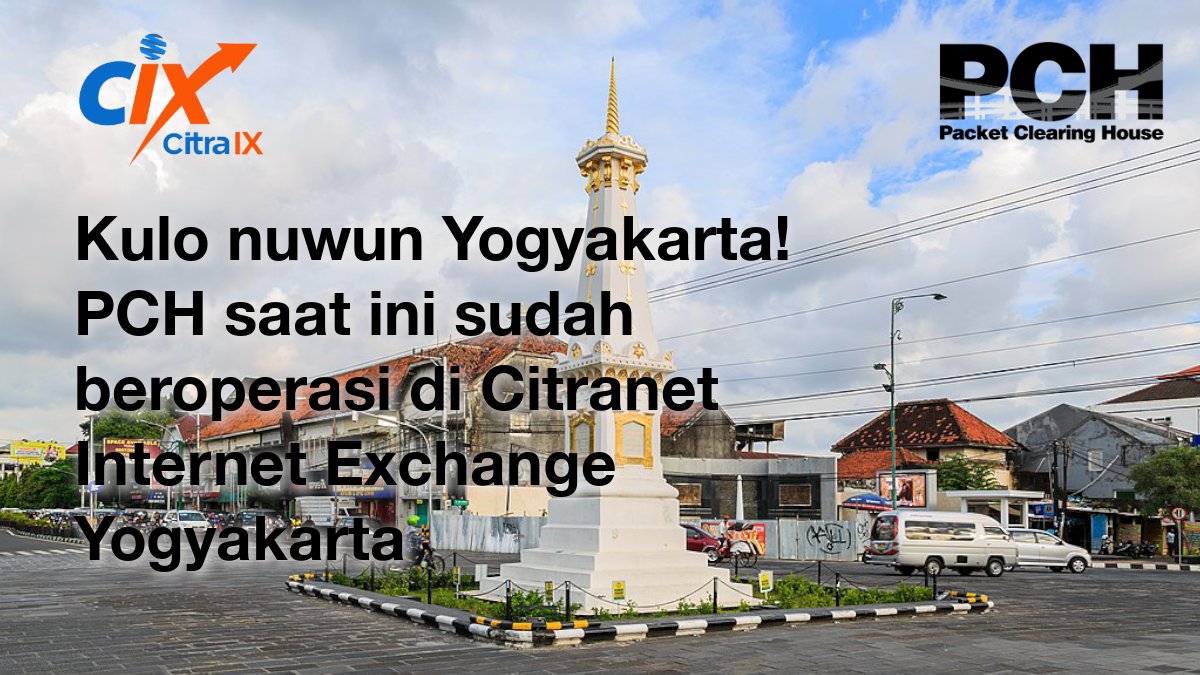 PCHglobal's tweet photo. Kulo nuwun Yogyakarta!
We are happy to announce that we are now active and ready for #peering at CitranetIX Yogyakarta!
Thank you #CITRAIX team for helping us to make this happen! @Quad9DNS is operational too😉
#DNS #peering #Quad9 https://t.co/LZLHNg5p8c