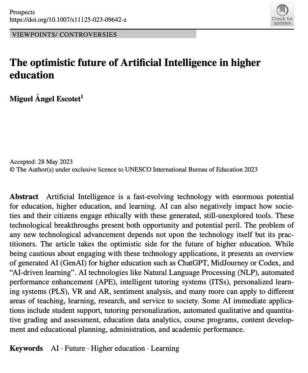 DrEscotet's tweet photo. Sharing my article on AI &amp; higher education published at PROSPECTS from UNESCO-BIE.
You can read it at: You can read it at: https://t.co/GxeEZJzUSy https://t.co/lnzVOTzhvA